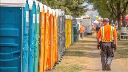 Newport Beach Site Sanitation Co. crew delivering a row of portable restrooms