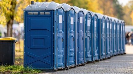 Row of Newport Beach Site Sanitation Co. portable toilets staged for delivery