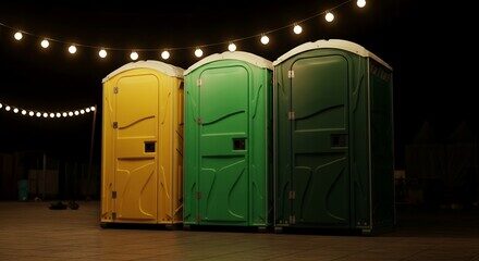 Portable restroom units lit up at an evening outdoor event